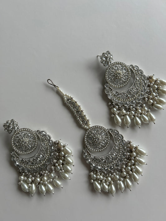 Chandelier Silver Earrings Tikka Set