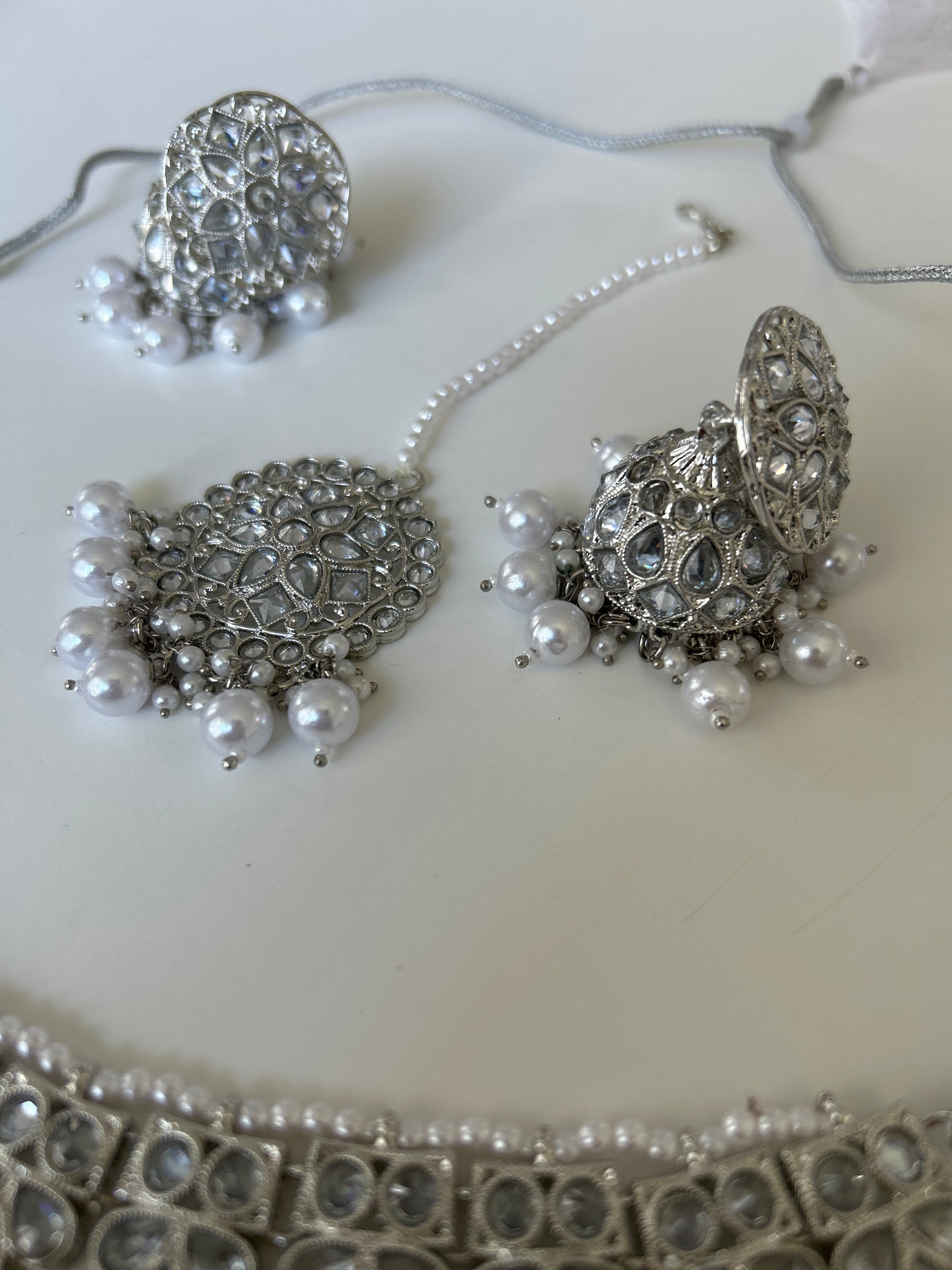 Silver Ace Crystal Necklace Earrings Tikka Set