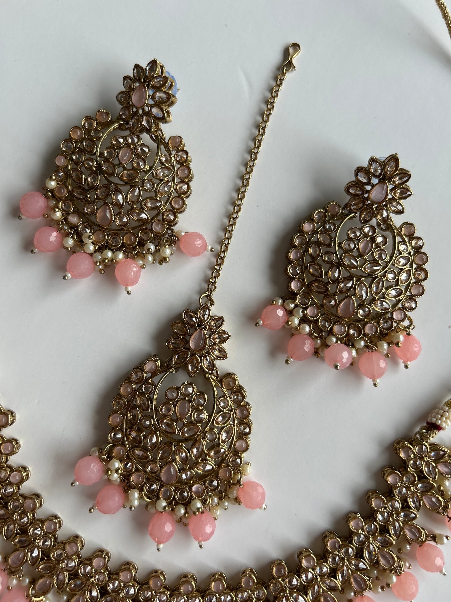 Pink Necklace Earrings Tikka Set