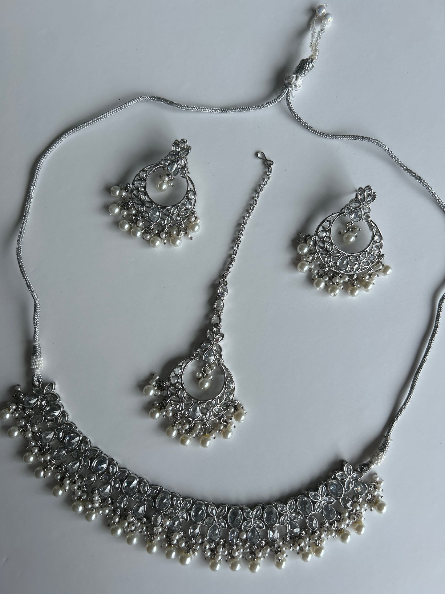 Silver Pearl Necklace Earrings Tikka Set