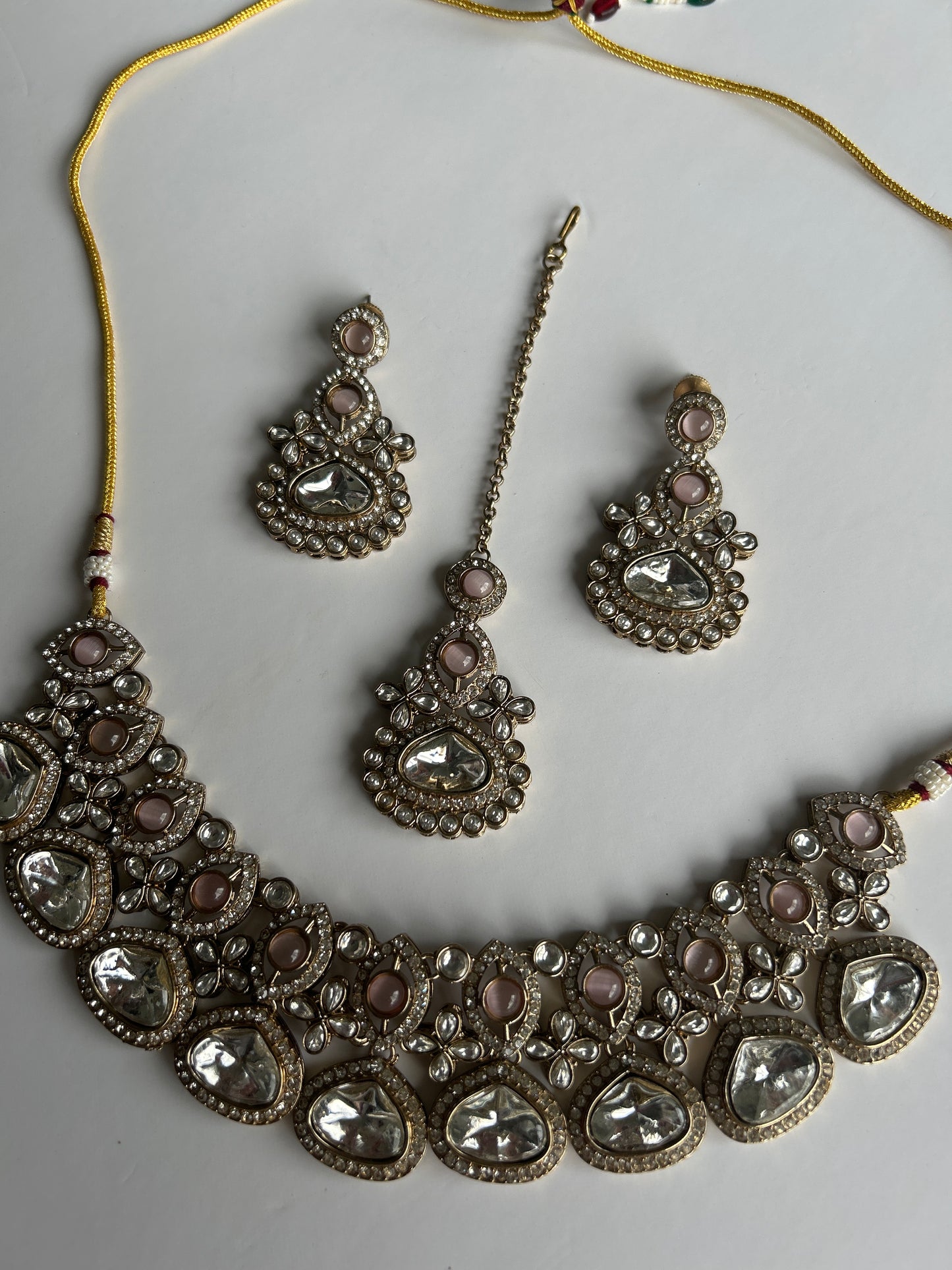 Pink Drop Necklace Earrings Tikka Set