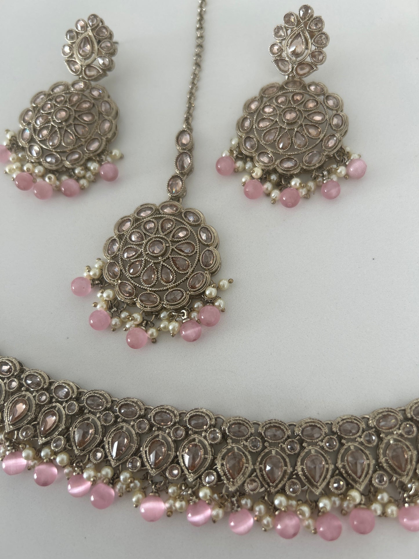 Pink Necklace Earrings Tikka Set