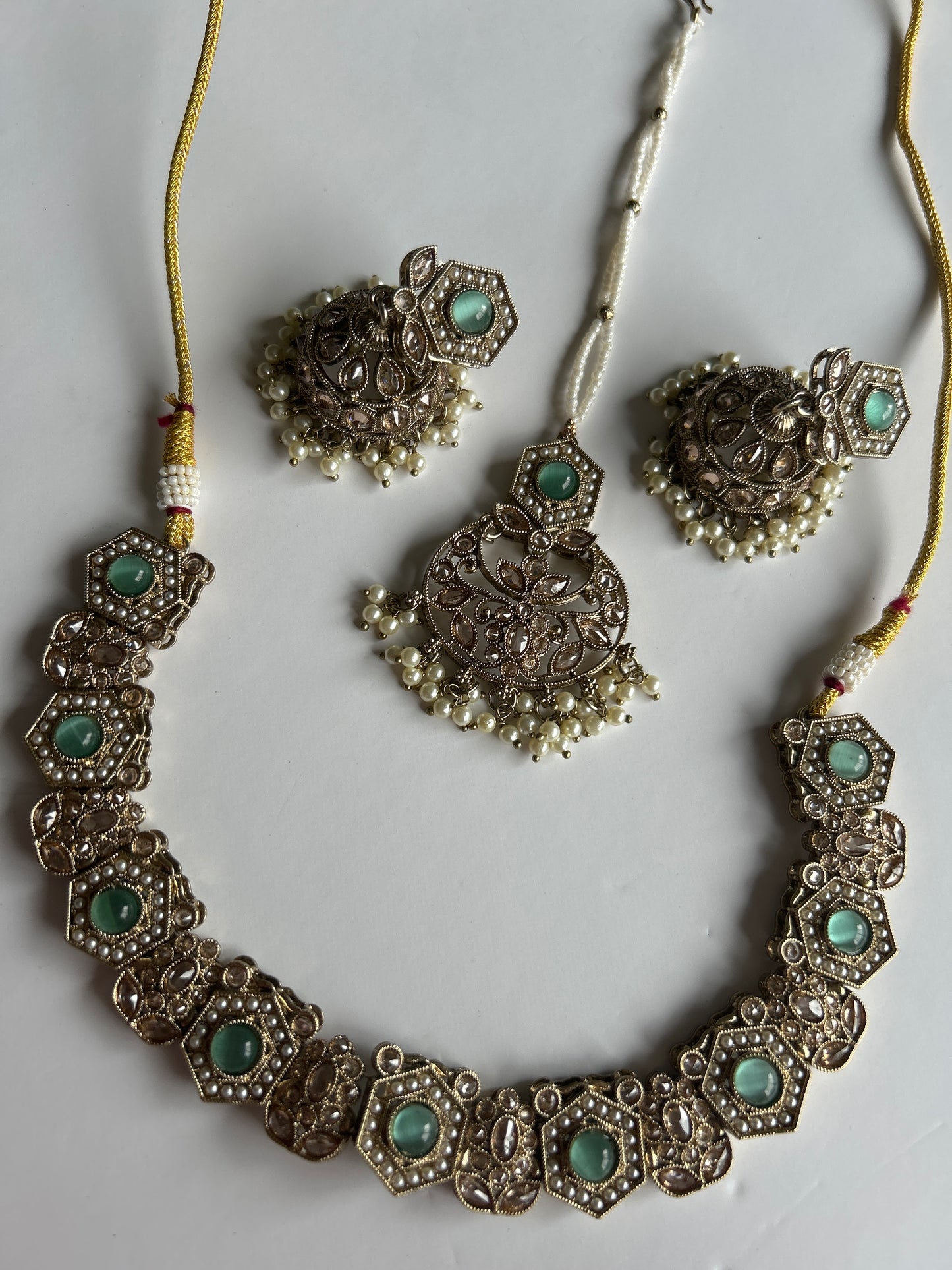 Green Gold Necklace Earring Tikka Set