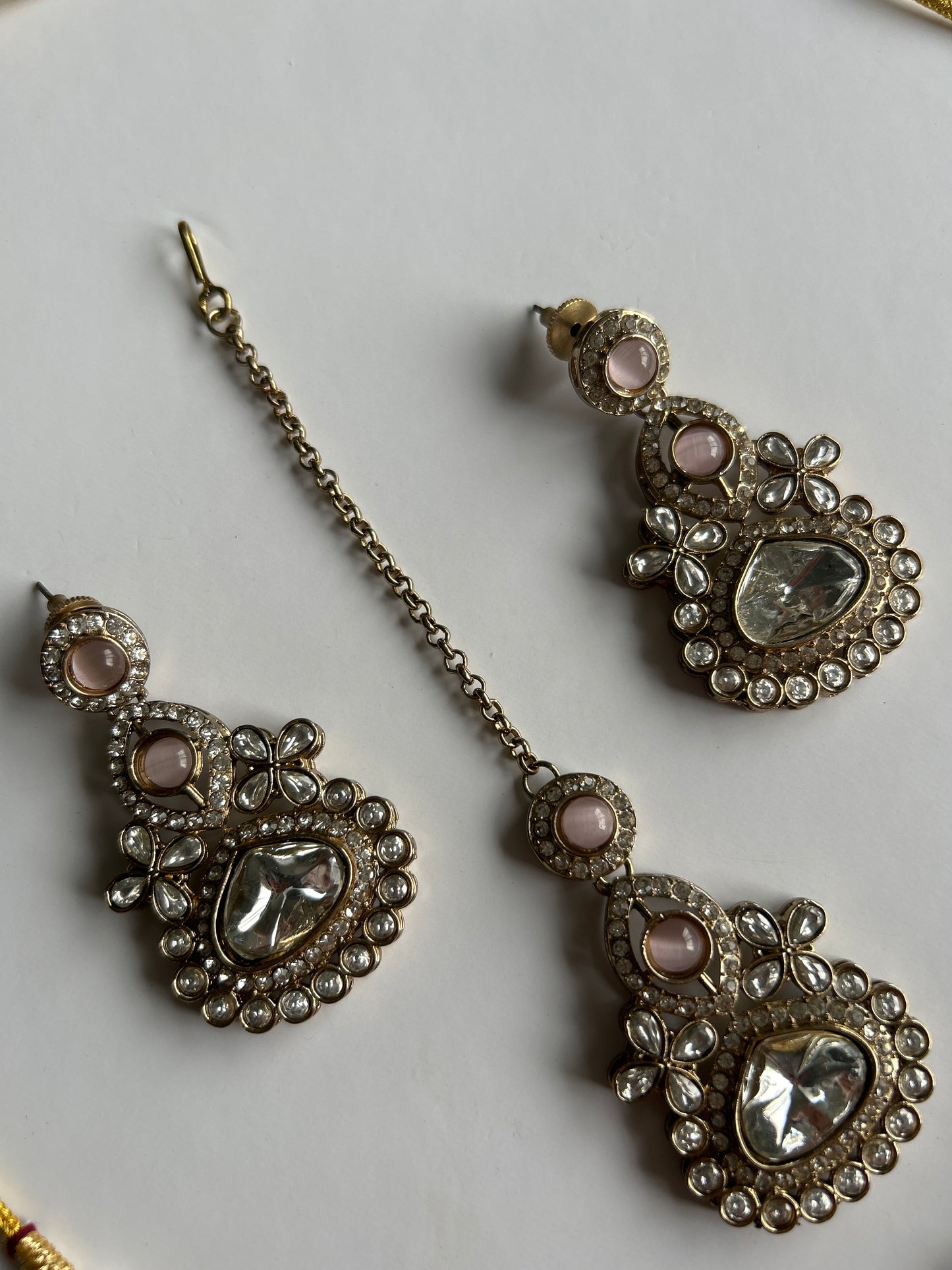 Pink Drop Necklace Earrings Tikka Set