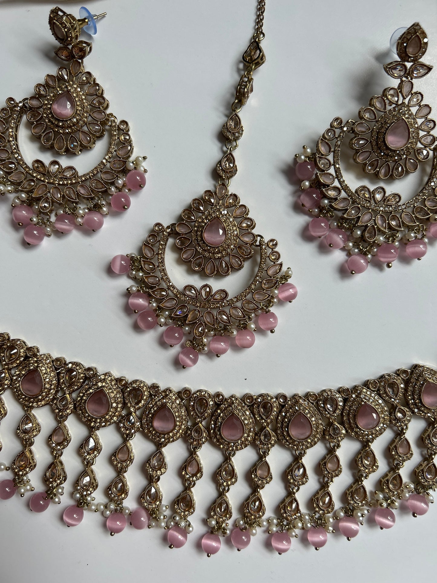 Pink Drop Necklace Earrings Tikka Sets