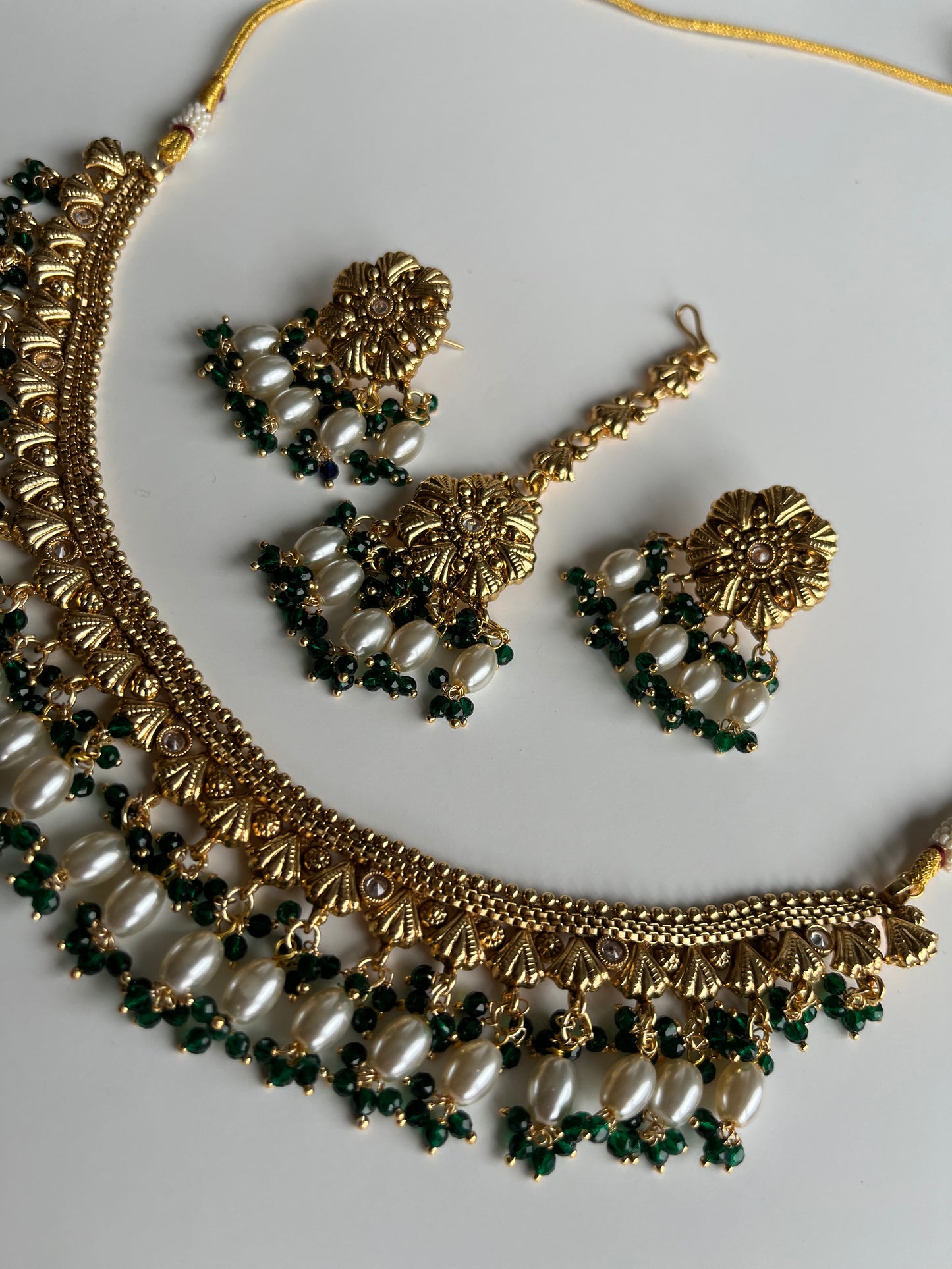 Antique Gold Emerald Pearl Set