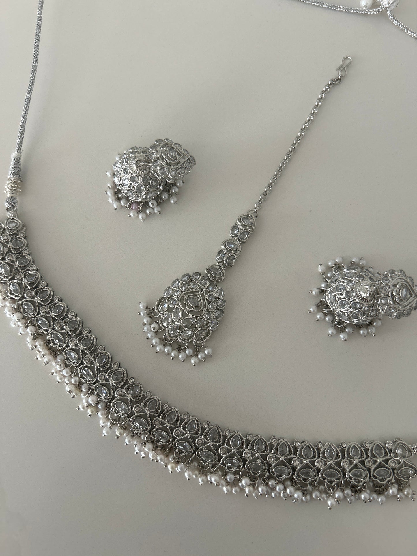 Silver Necklace Earrings Jumka Tikka Set