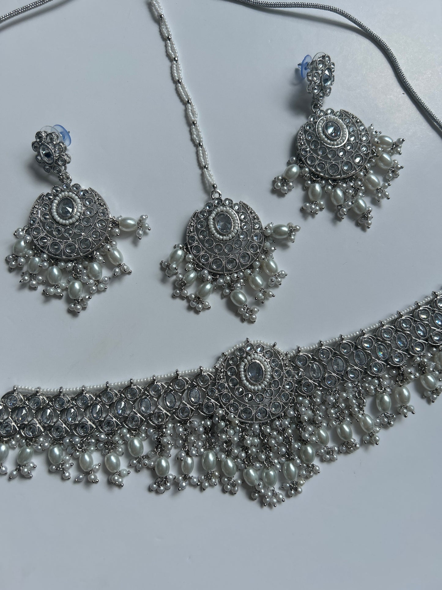 Silver Pendant Necklace Earrings Tikka Set