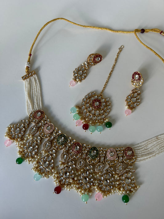 Multi Color Crystal Necklace Earrings Tikka Set