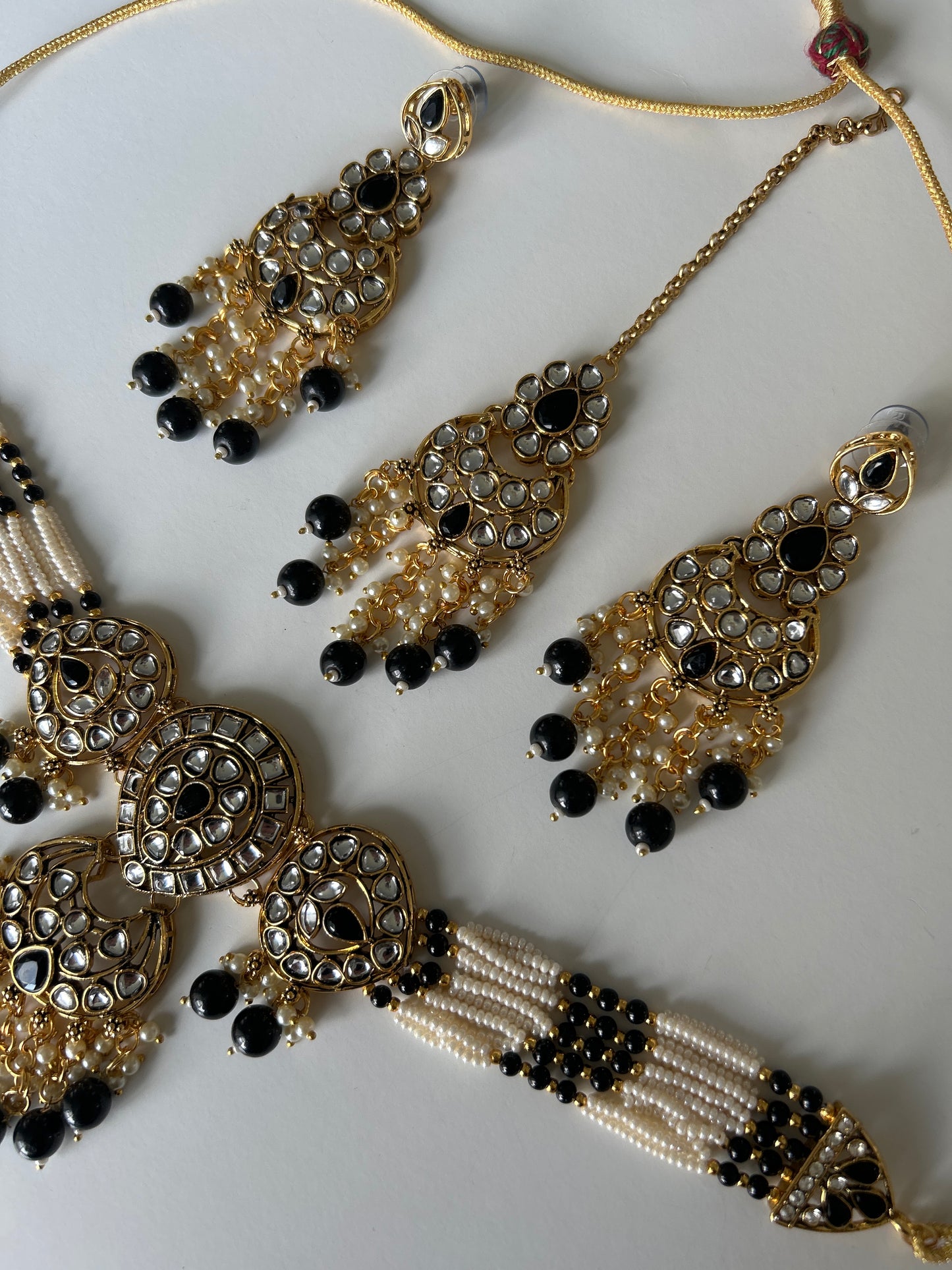 Black Gold Necklace Earrings Tikka Set