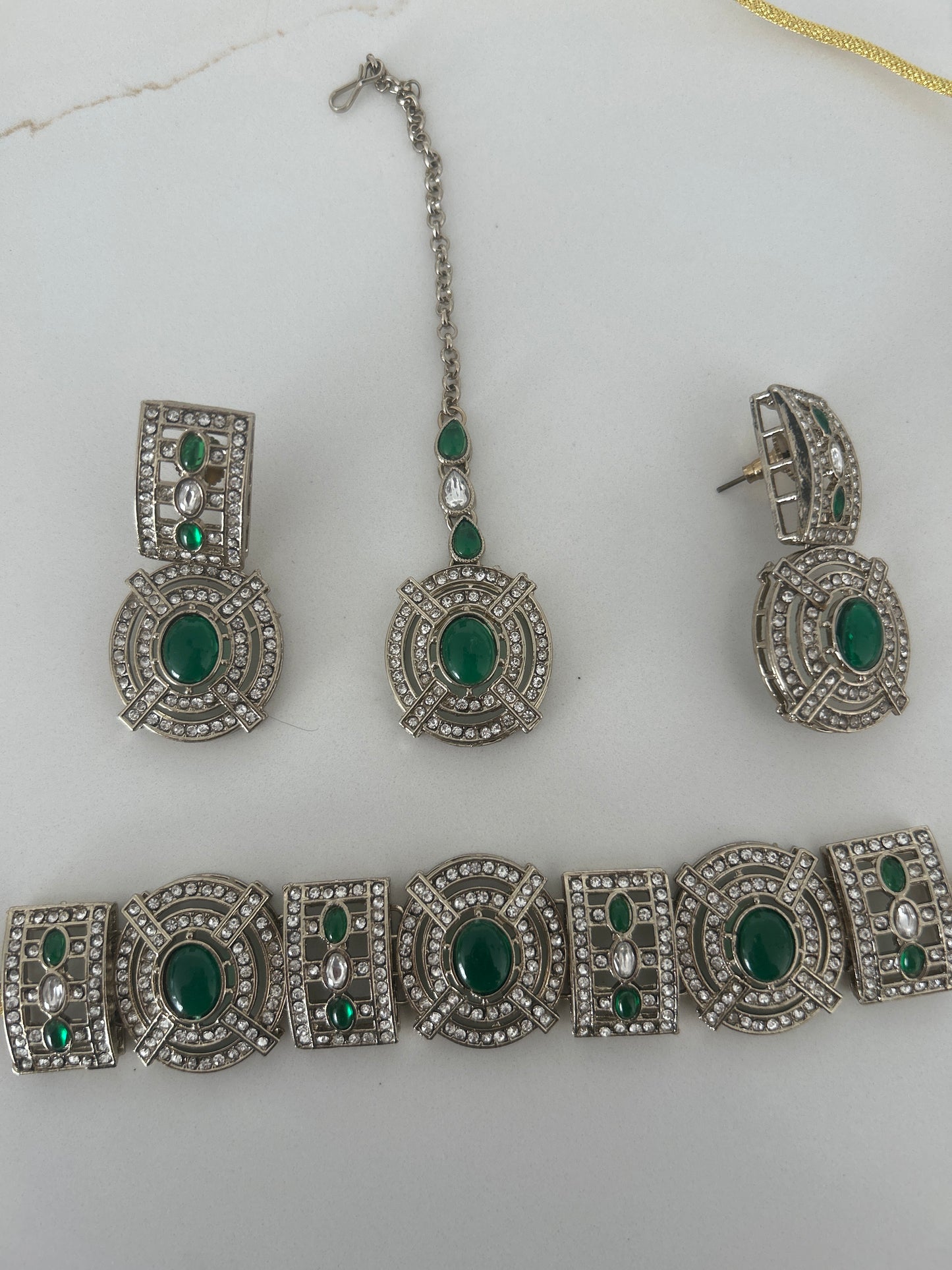 Emerald Green Geo Necklace Earrings Tikka Set
