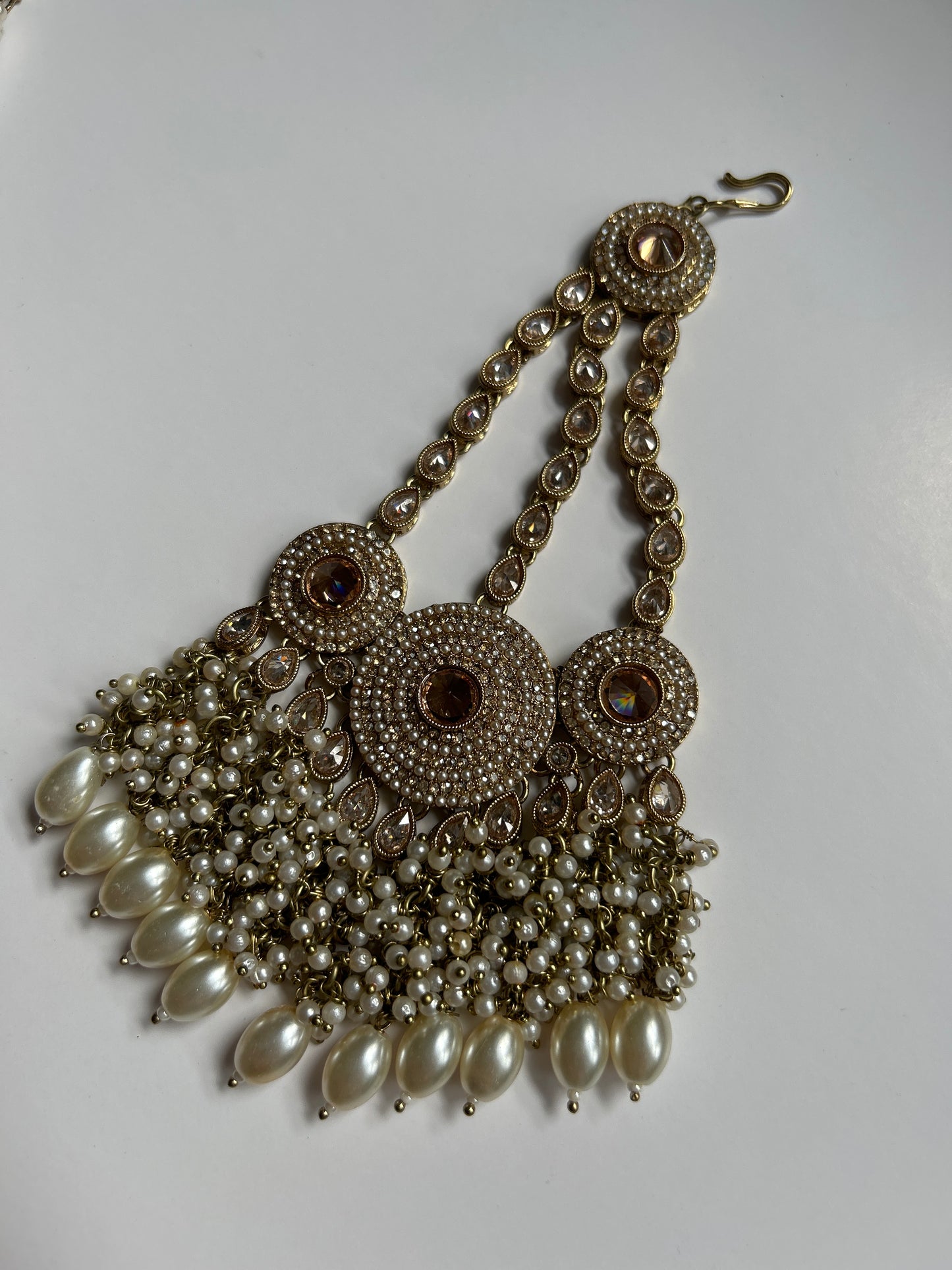 Stunning Showstopper Gold Pearl Rainfall Necklace Earrings Tikka Passa Set
