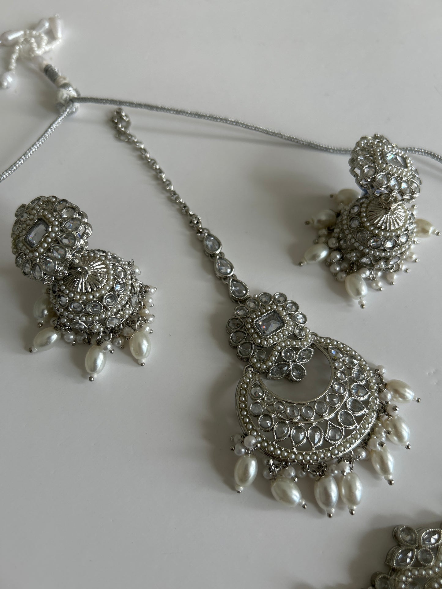 Pearl Crystal Silver Necklace Earrings Tikka Set