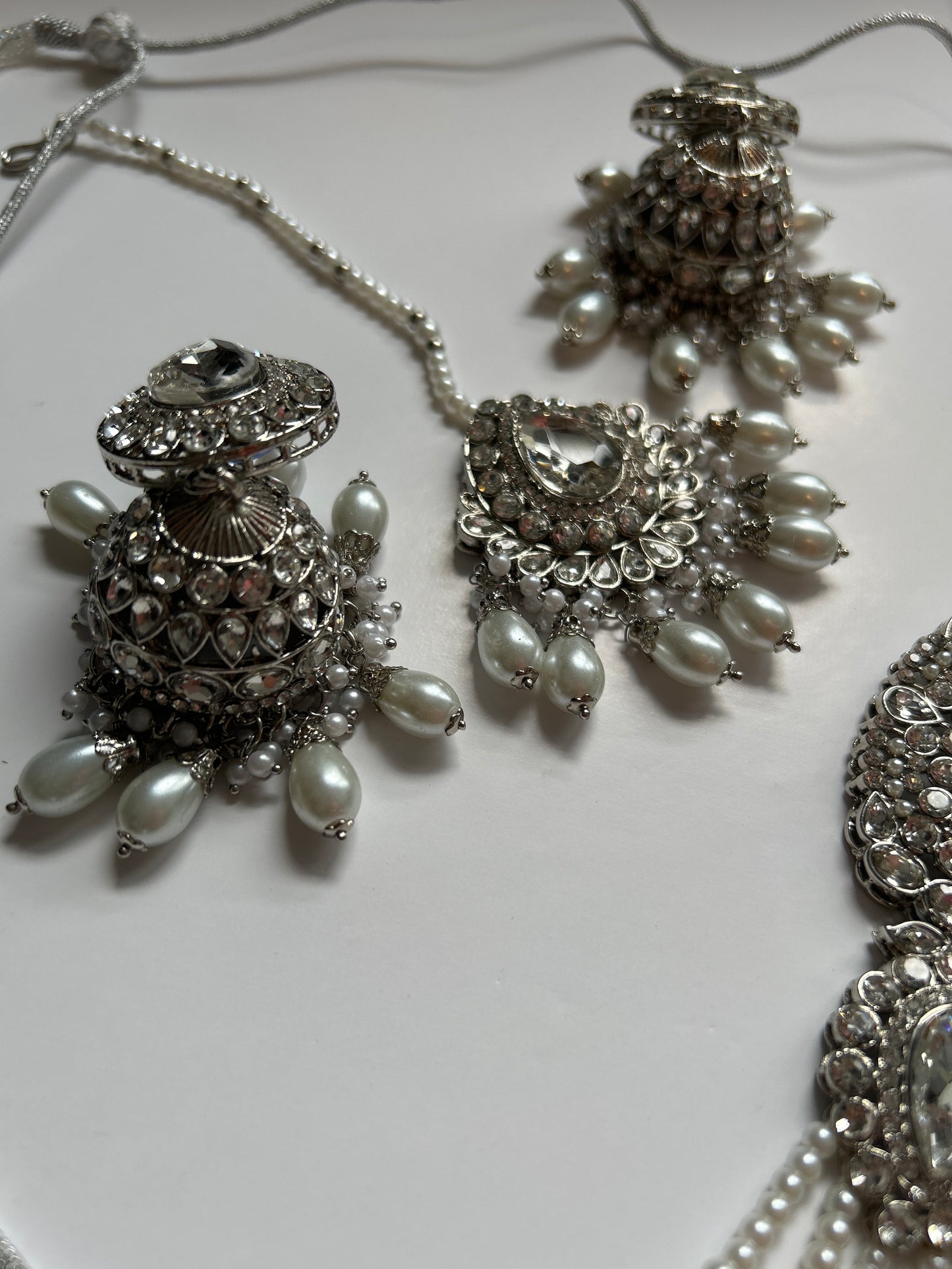 Glamour Silver Necklace Earrings Tikka Set