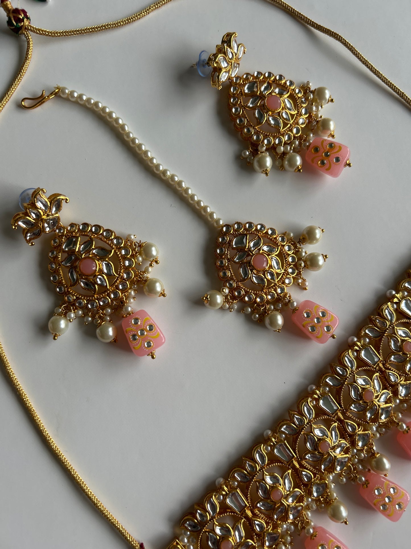 Pink Gold Necklace Earrings Tikka Set