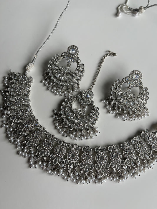 Pearl Polki Silver Necklace Set