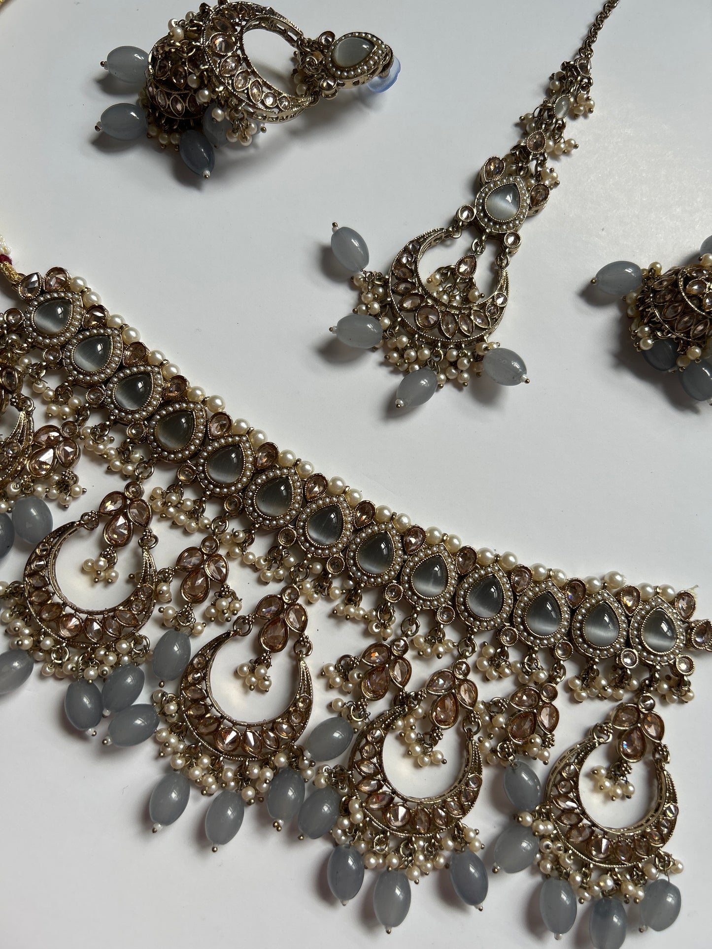 Gray Chandelier Necklace Earrings Tikka Set