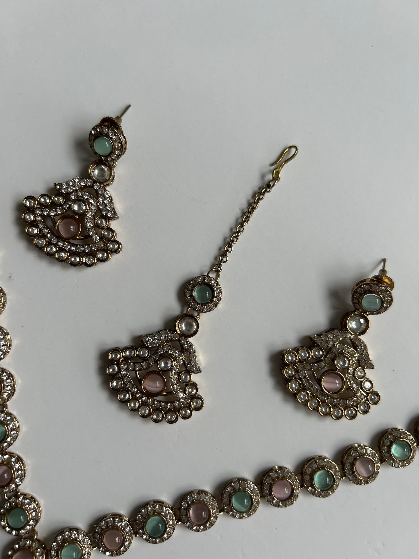 Pink Green Necklace Earrings Tikka Set