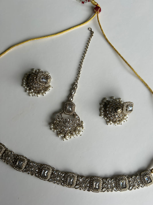 Rectangle Flower Crystal Necklace Earrings Tikka Set