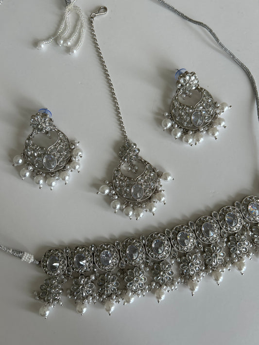 Flower Drop Crystal Necklace Earrings Tikka Set