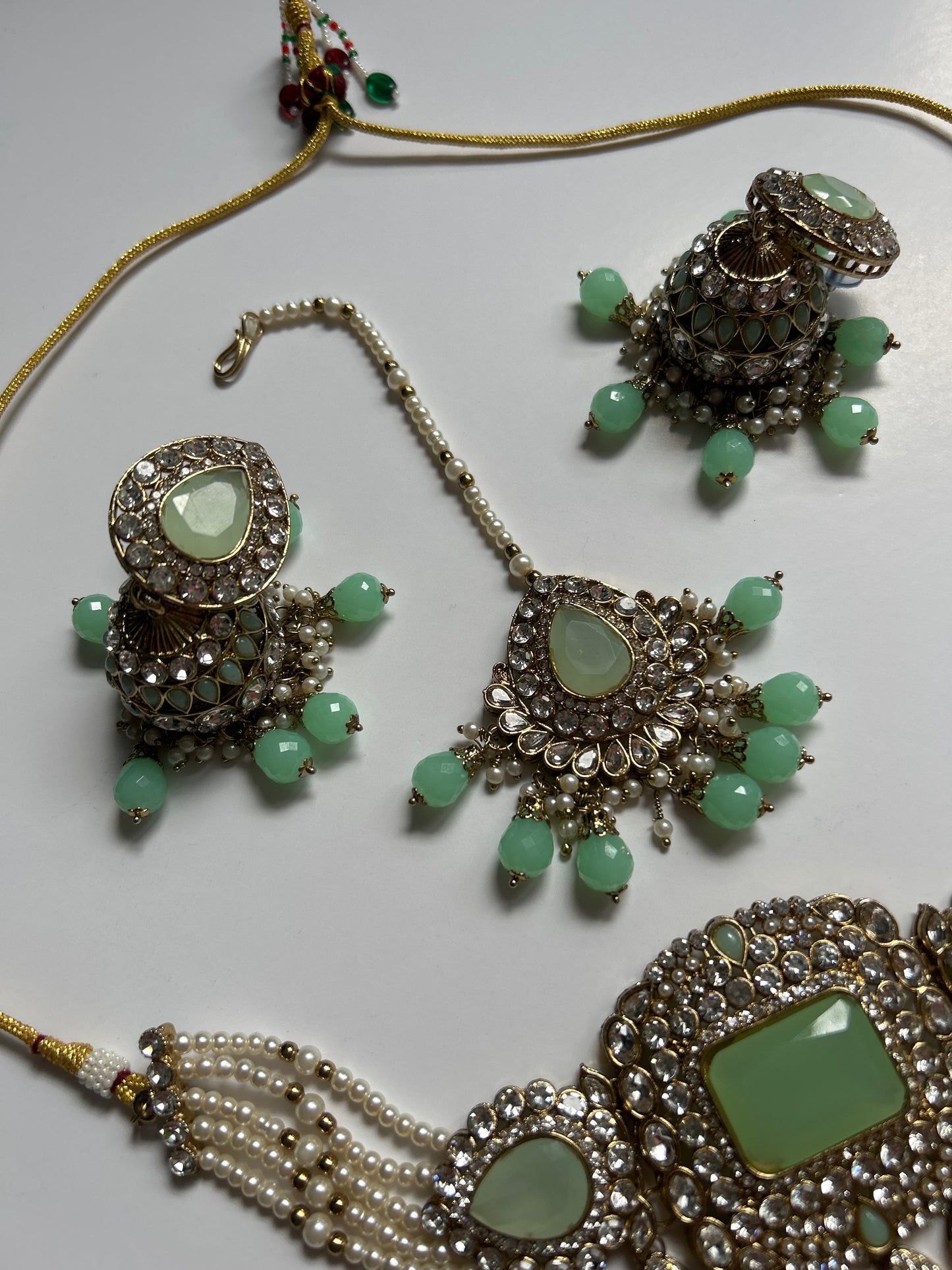 Light Green Pearl Necklace Earrings Tikka Set