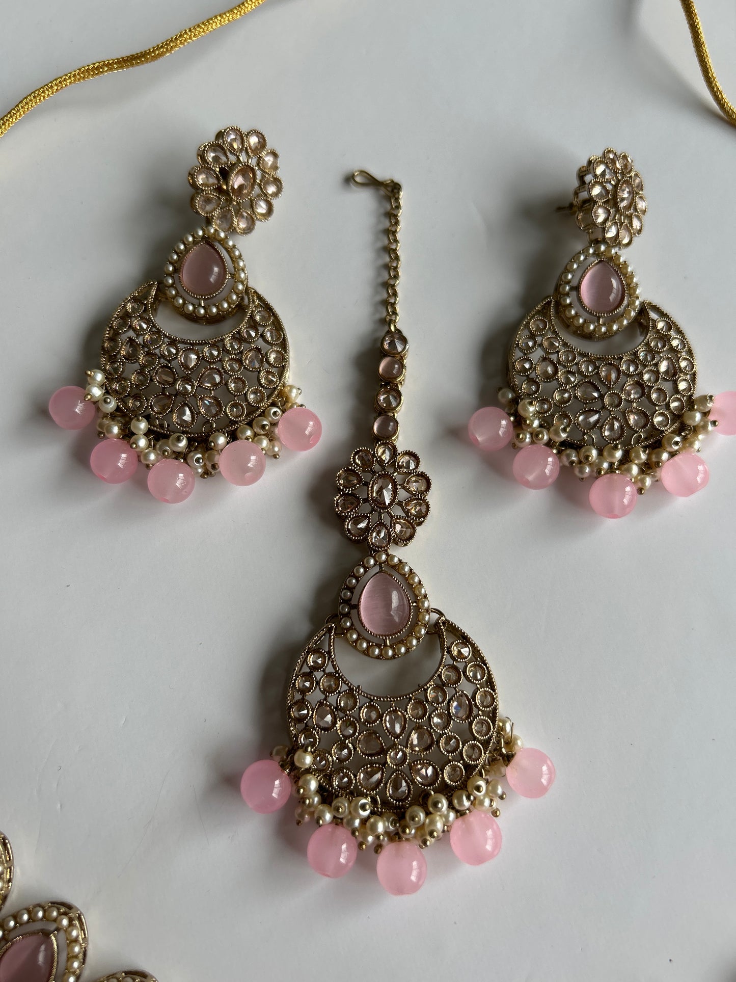 Pink Pearl Necklace Earrings Tikka Set