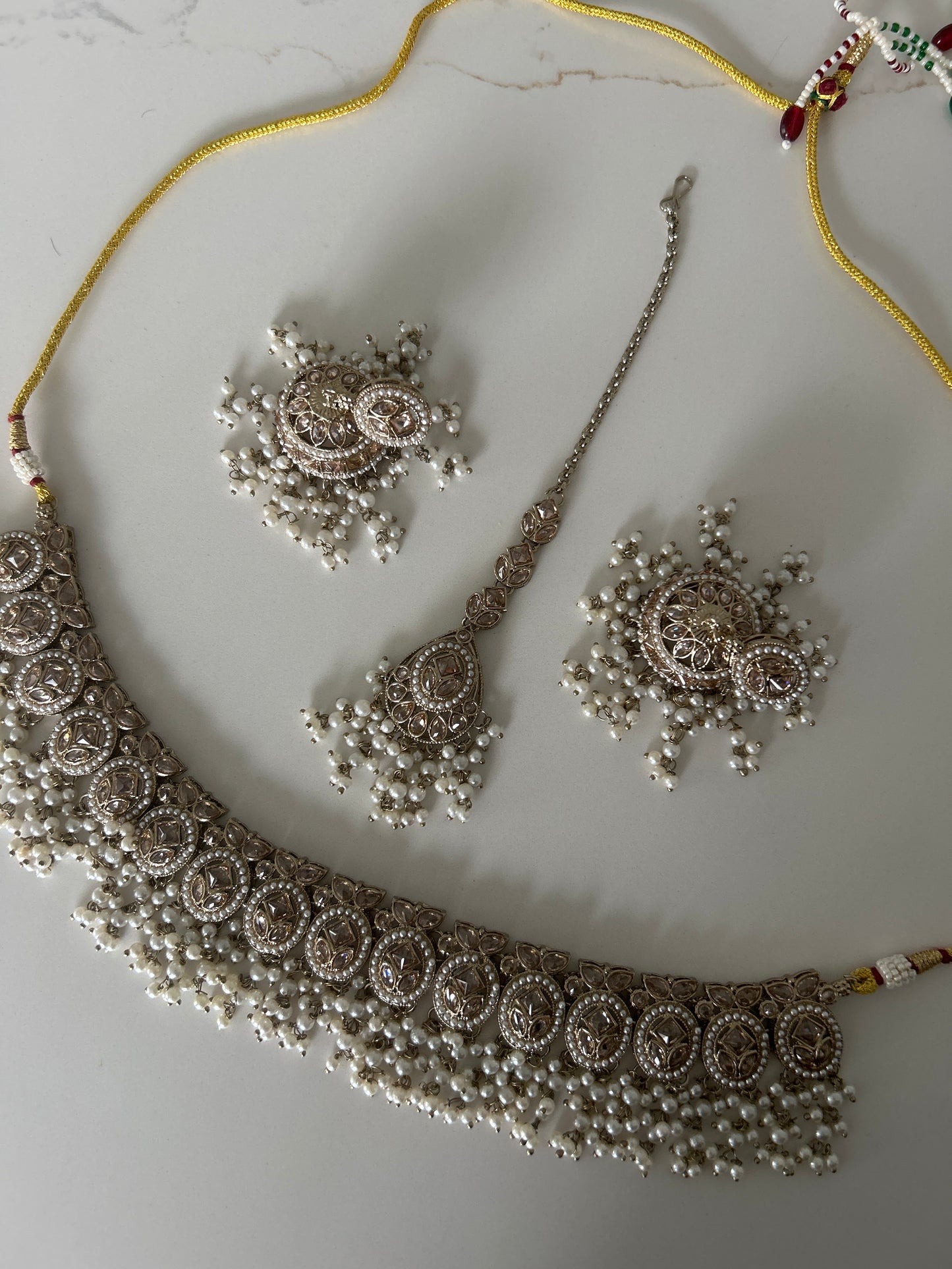 Waterfall Gold Necklace Earrings Tikka Set