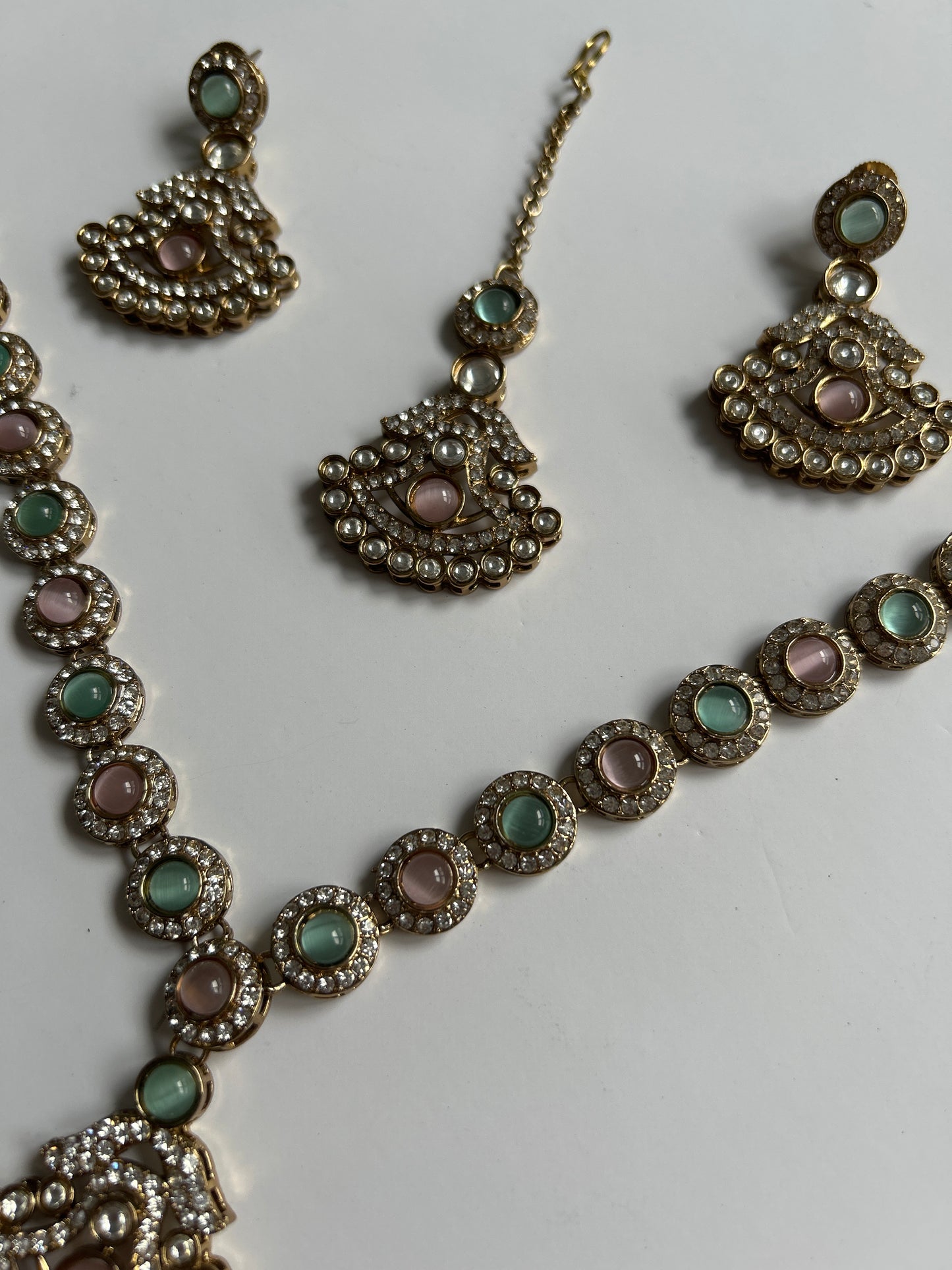 Pink Green Necklace Earrings Tikka Set