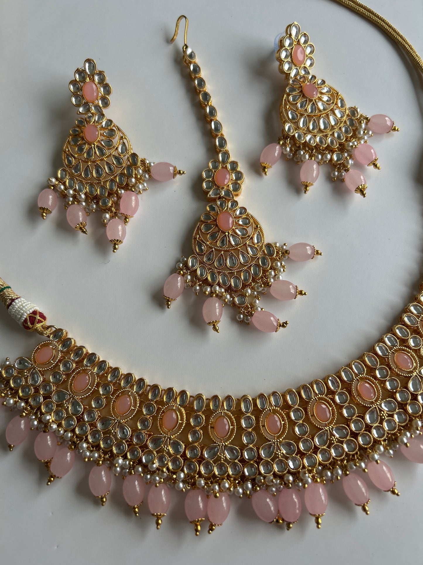 Baby Pink Necklace Earrings Tikka Set