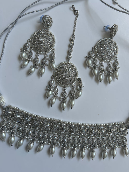 Silver Statement Necklace Earrings Tikka Set