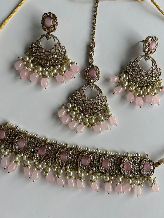 Baby Pink Necklace Earrings Tikka Set