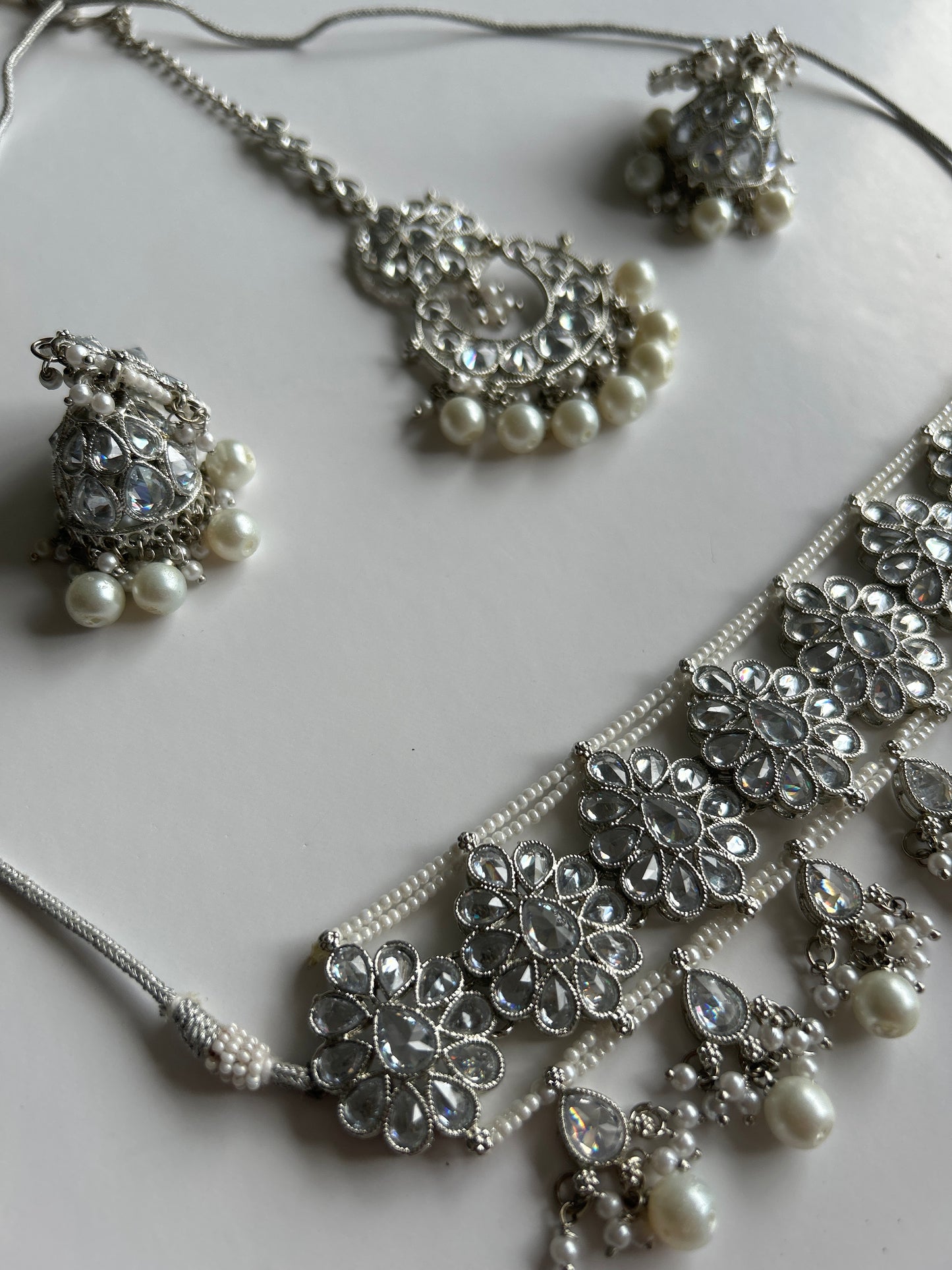 Silver Crystal Flower Necklace Earrings Tikka Set