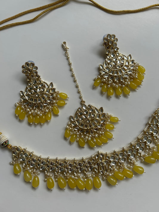 Yellow Necklace Earrings Tikka set