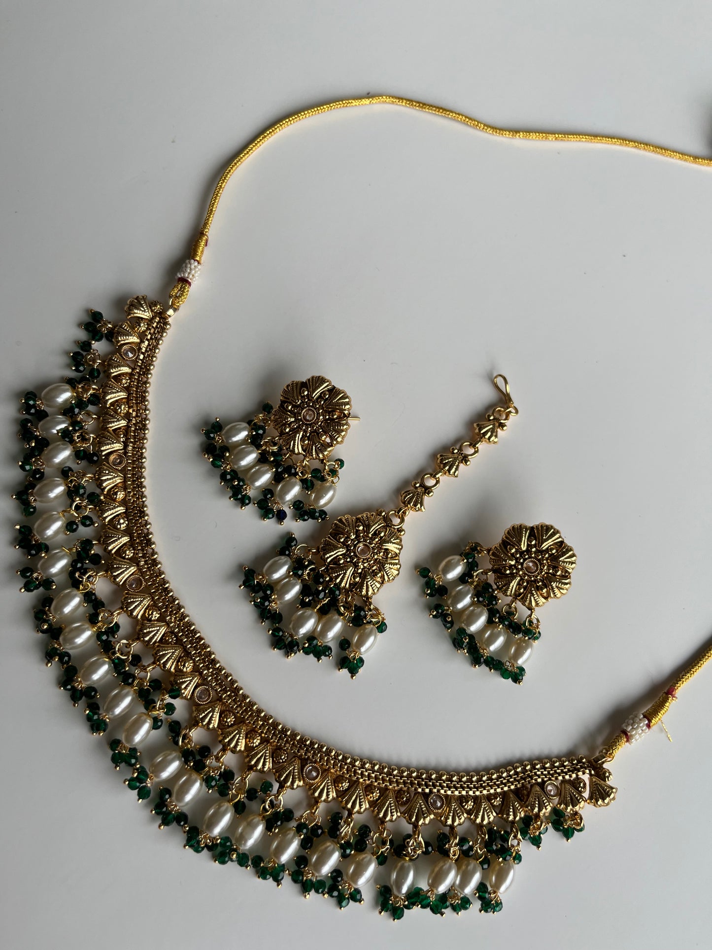 Antique Gold Emerald Pearl Set