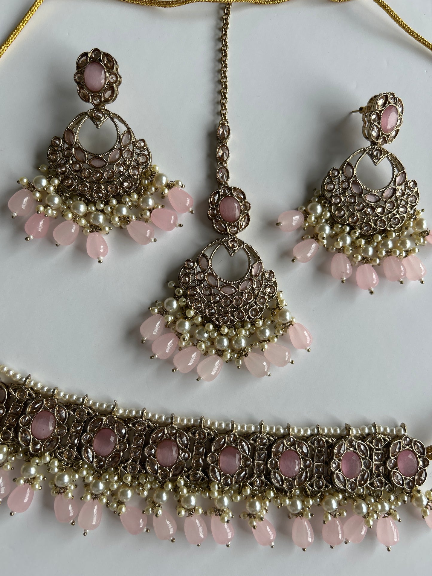 Baby Pink Necklace Earrings Tikka Set
