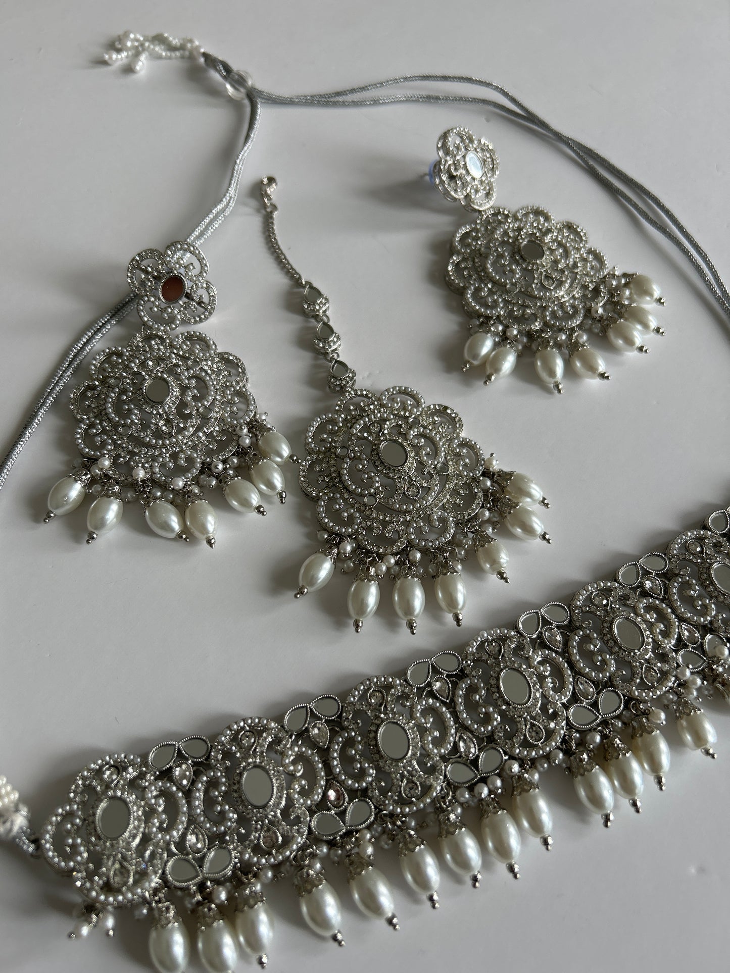 Mirrored Silver Showstopper Necklace Earrings Tikka Set
