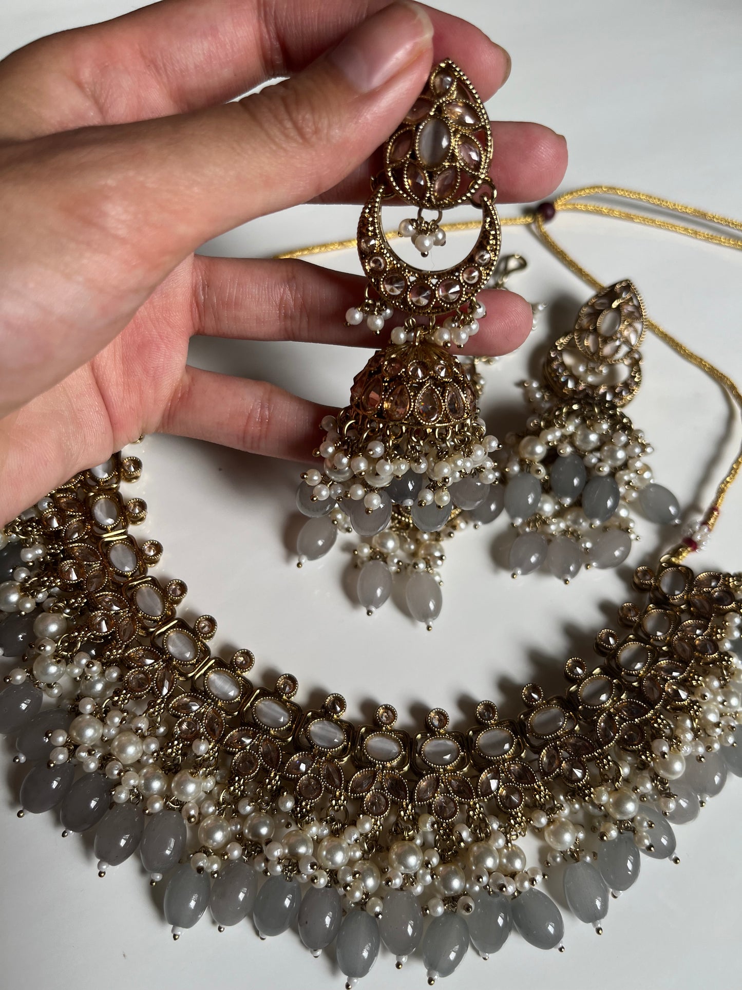 Grey Polki Necklace Earring Tikka Set