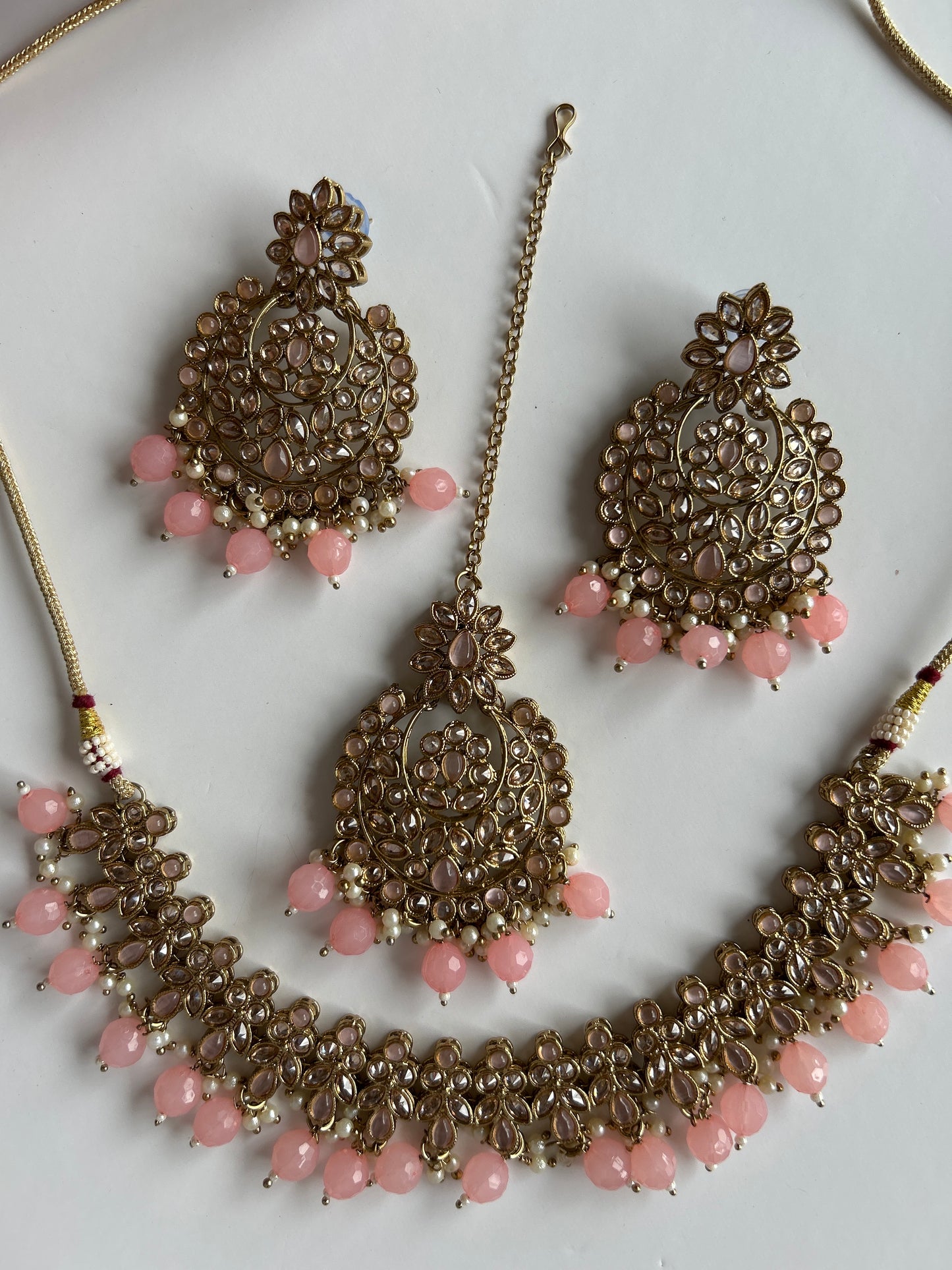 Pink Necklace Earrings Tikka Set