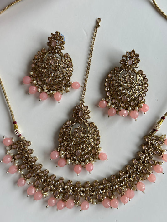 Pink Necklace Earrings Tikka Set