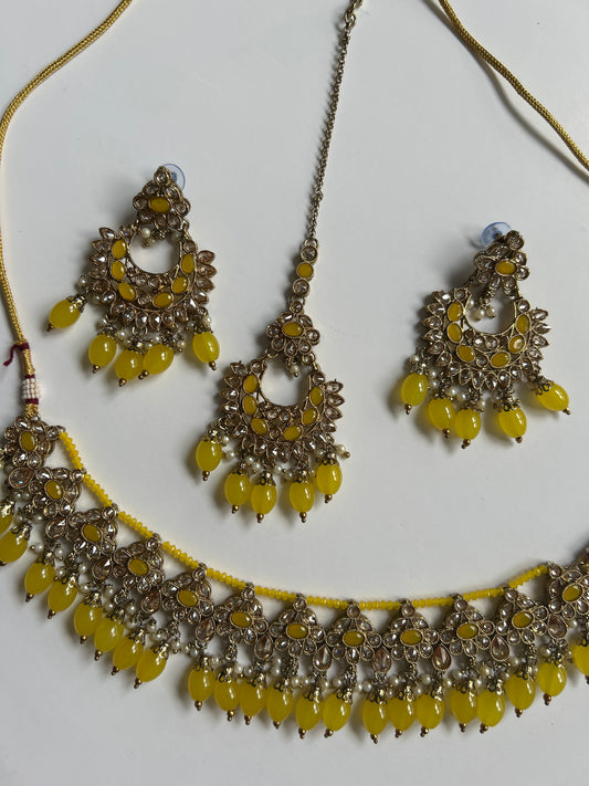 Floral Yellow Necklace Earrings Tikka Set