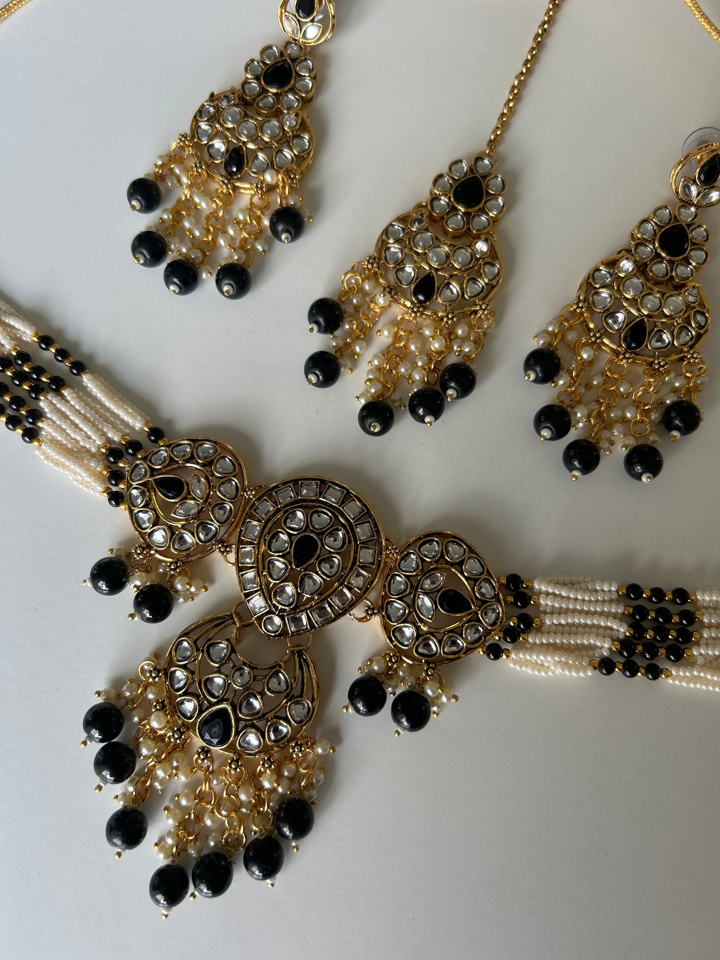 Black Gold Necklace Earrings Tikka Set