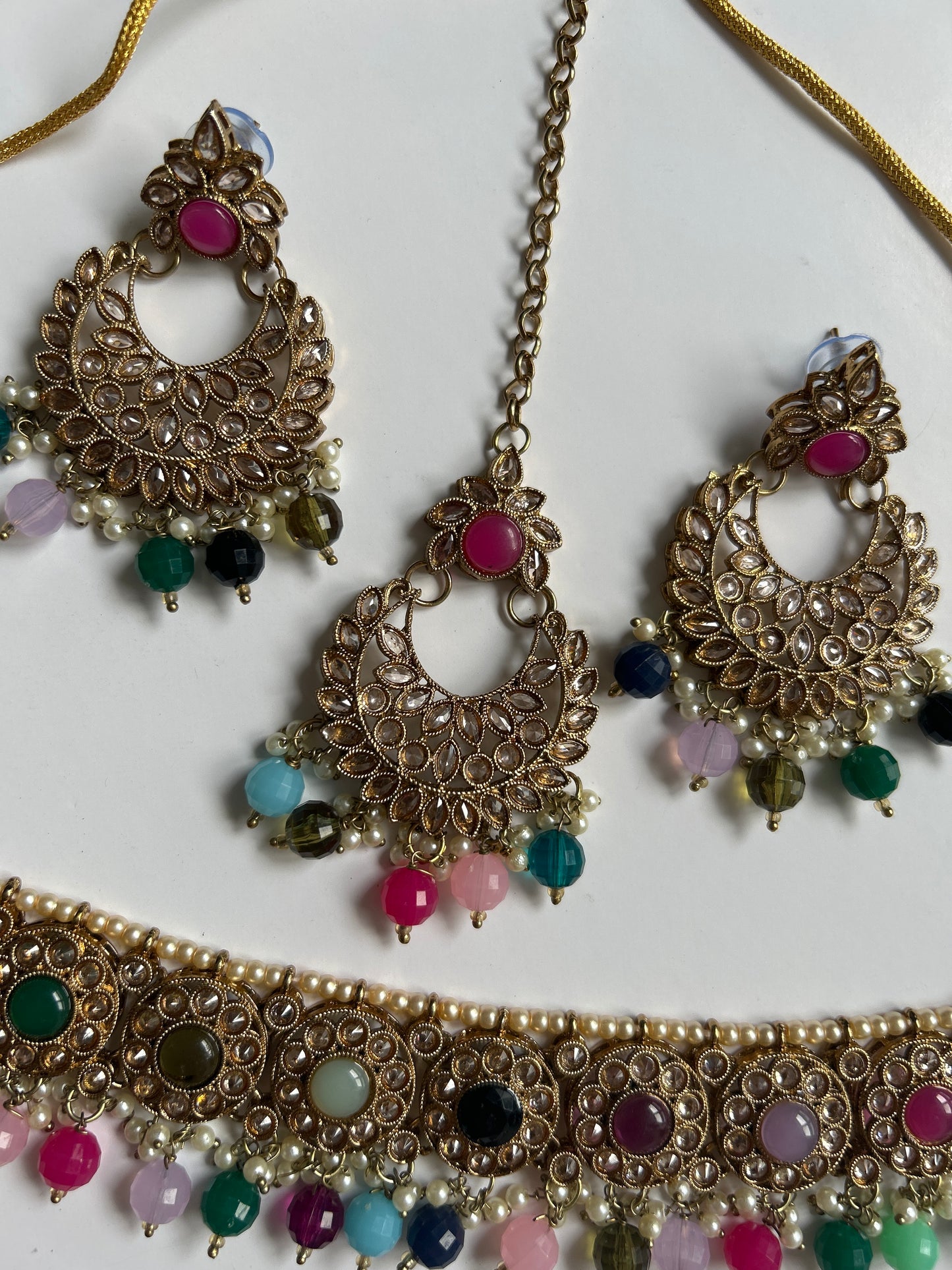 Stunning Multicoloured Necklace Earrings Tikka Set