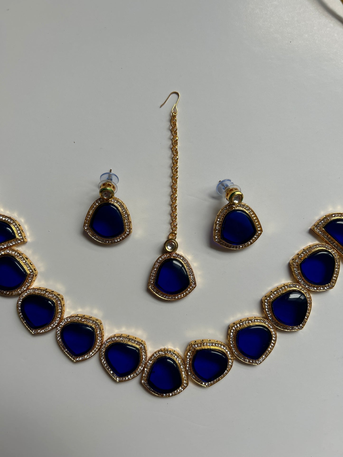 Deep Blue Necklace Earrings Tikka Set