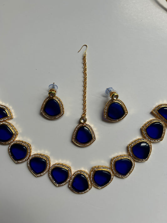 Deep Blue Necklace Earrings Tikka Set
