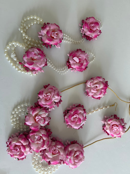 Pink Floral Pearl Bracelet Necklace Earrings Tikka Set