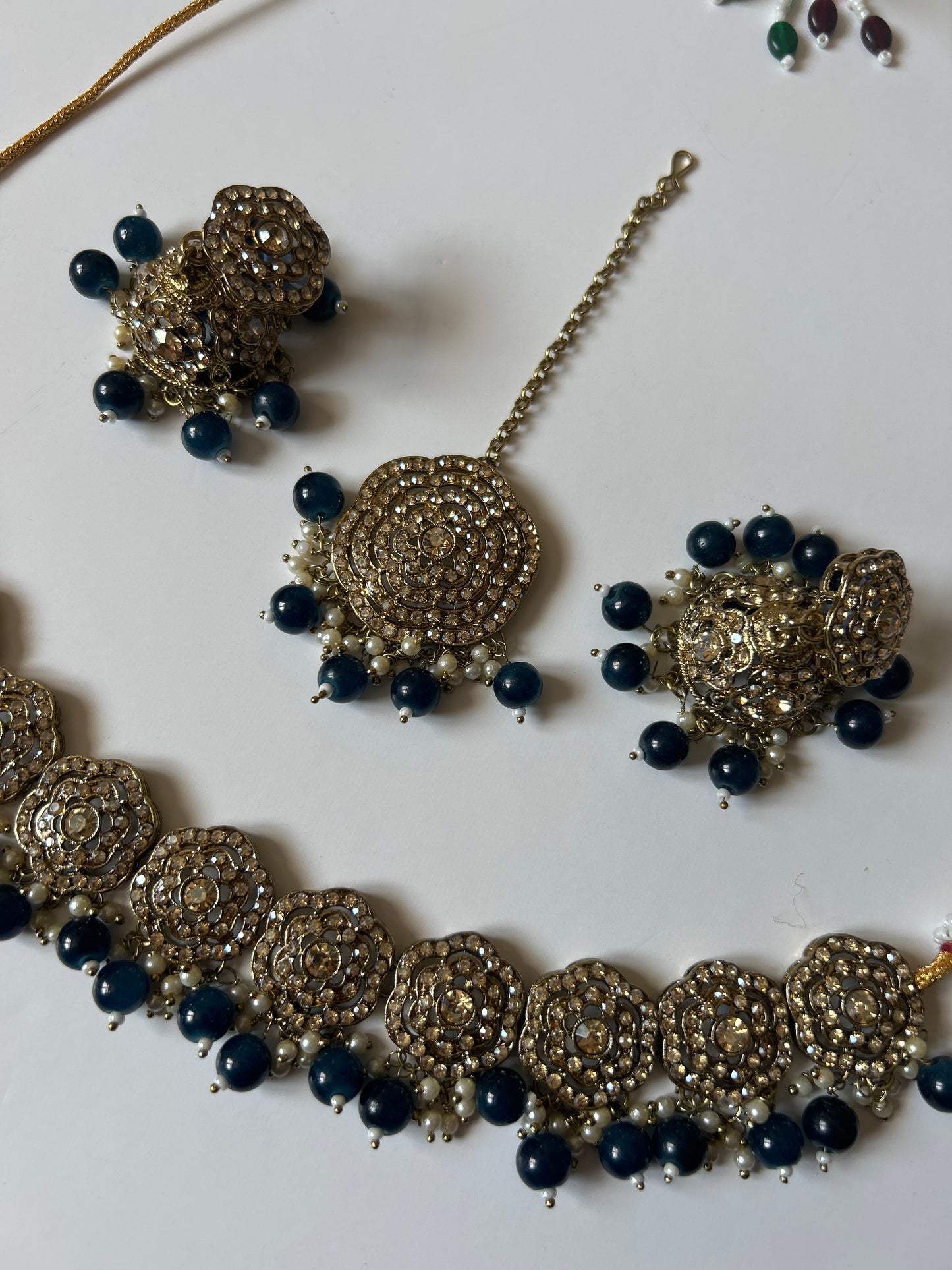 Dark Blue Necklace Earrings Tikka Set
