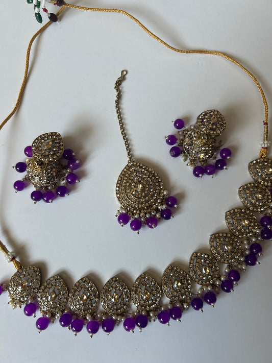Royal Purple Necklace Earrings Tikka Set