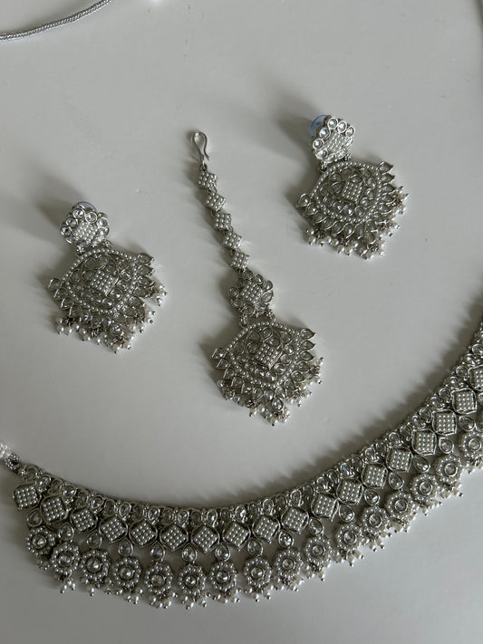 Pearl Silver Necklace Earrings Tikka Set