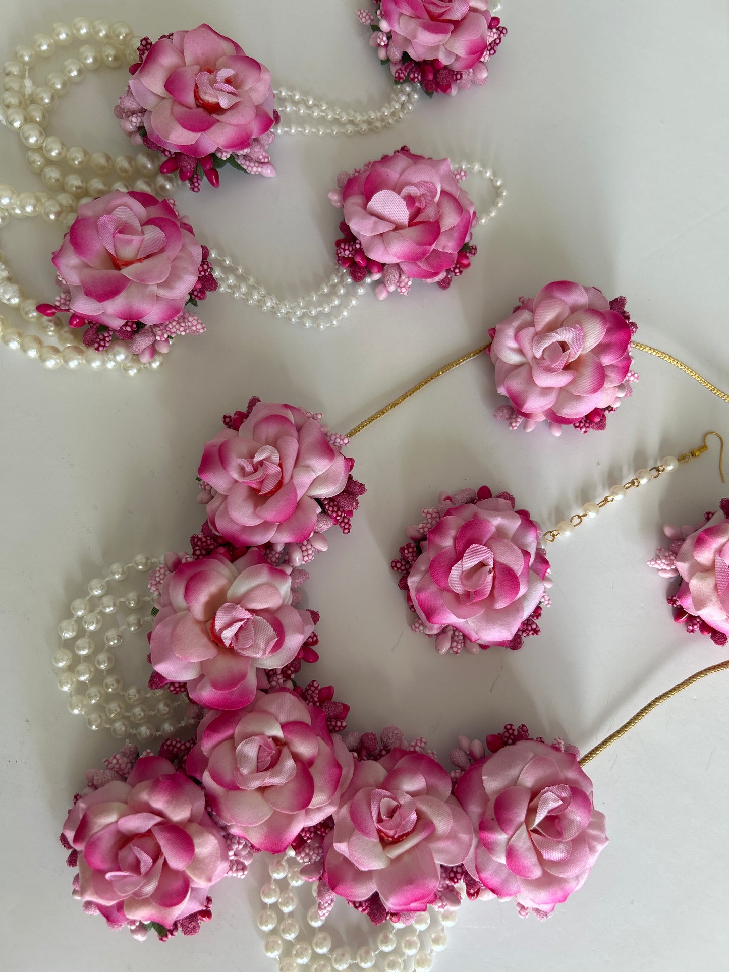 Pink Floral Pearl Bracelet Necklace Earrings Tikka Set