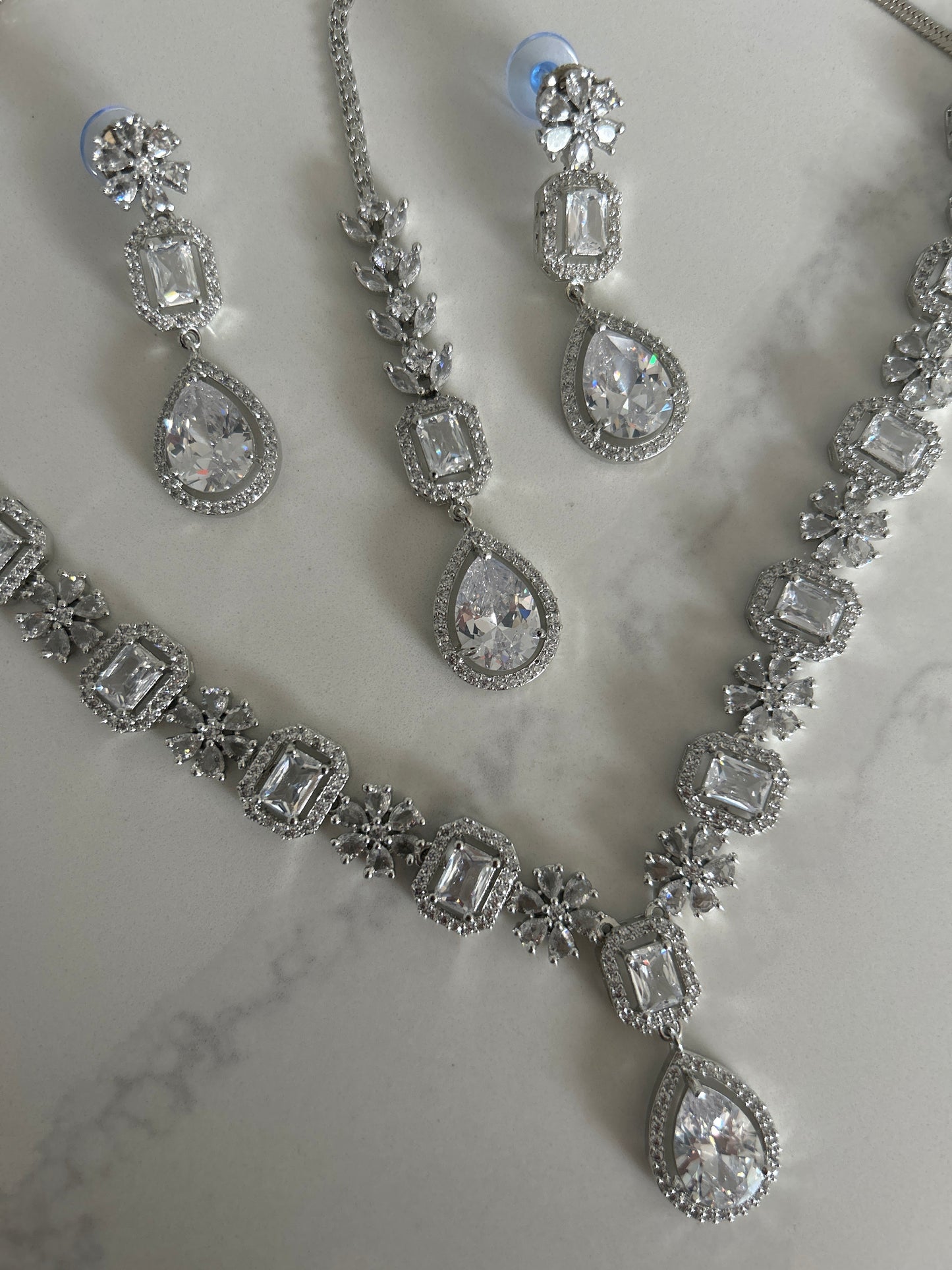 American Diamond Silver Earring Tikka Necklace Set